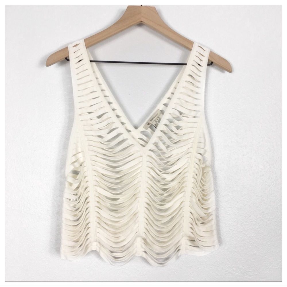 BCBGeneration Cream Shredded Tank Top